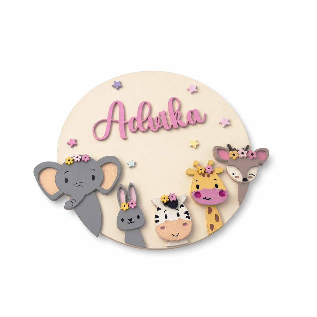 Animal Themed Hand-Painted Wooden Round Kids Name Plate - Design 9