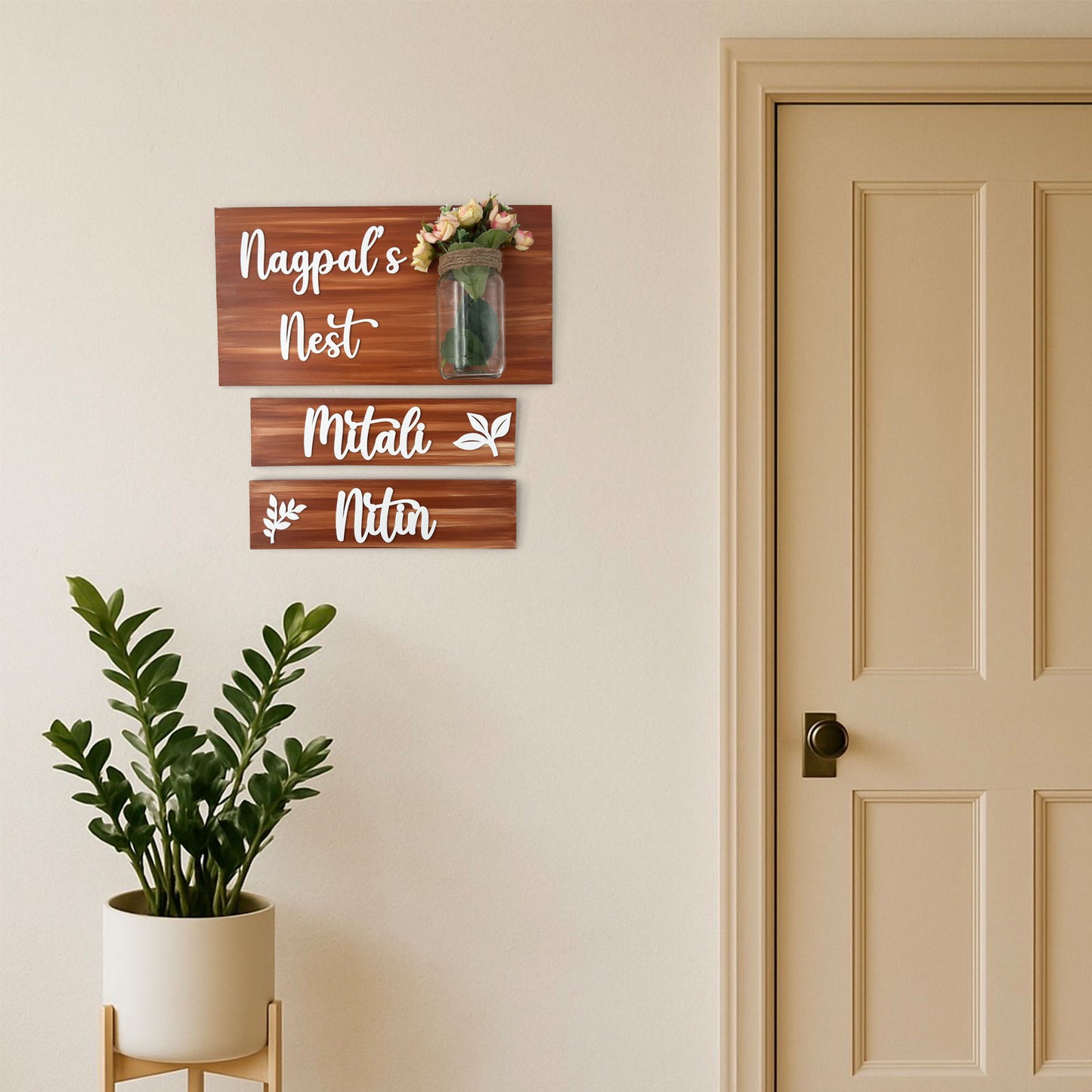 Hand-Painted Wooden Name Plate With Jar For Home - Jar Board & Two Planks