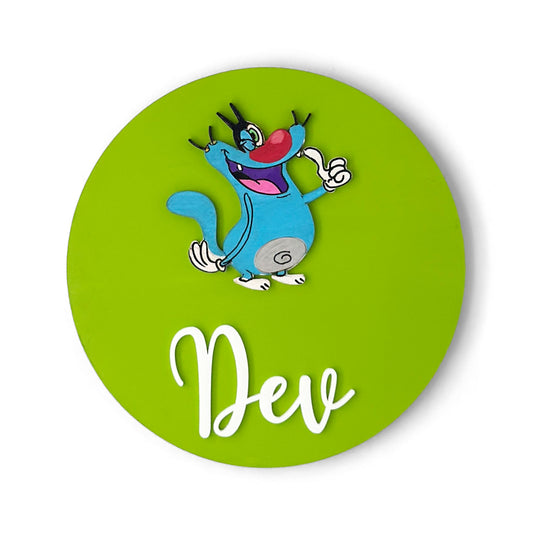 Oggy And The Cockroaches Themed Hand-Painted Wooden Name Plate For Kids