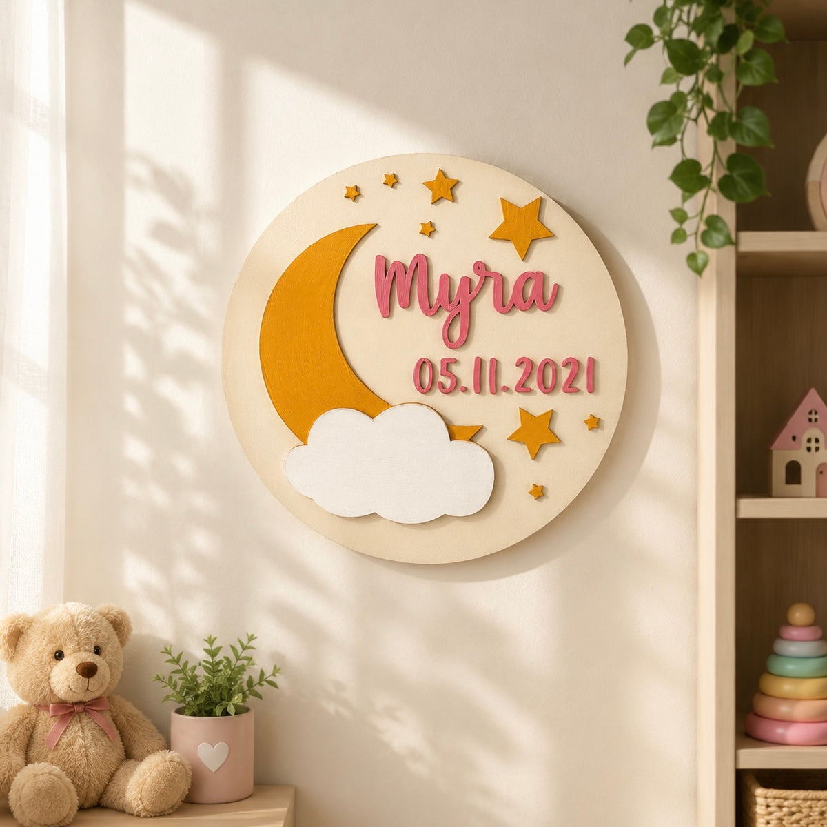 Moon & Stars Themed Hand-Painted Wooden Round Kids Name Plate - Design 2