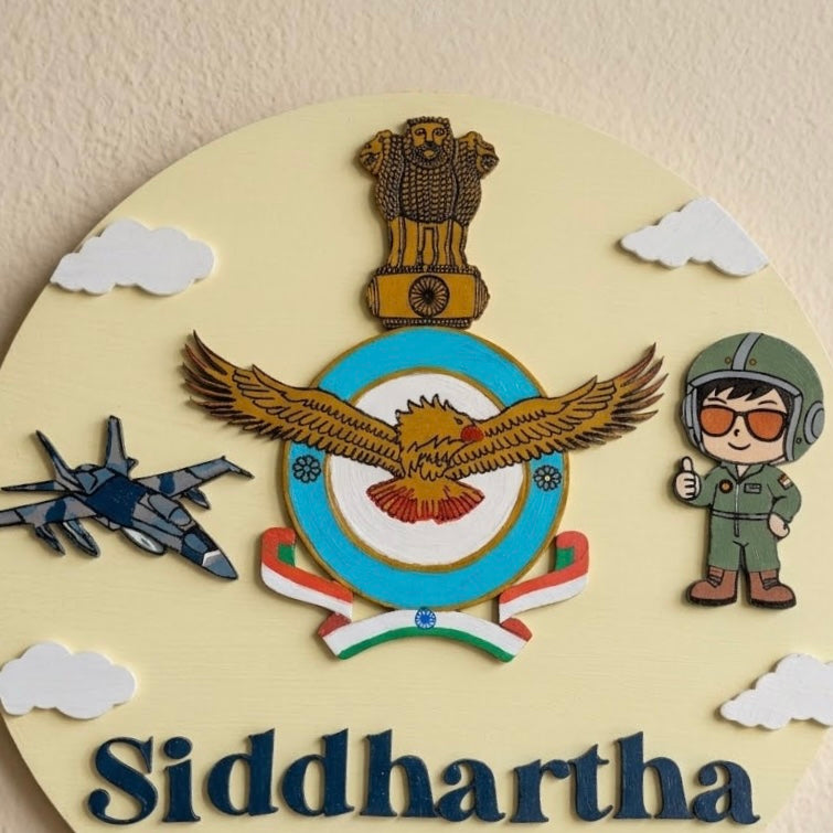 Indian Airforce Fighter Jet Pilot Themed Hand-Painted Wooden Round Kids Name Plate