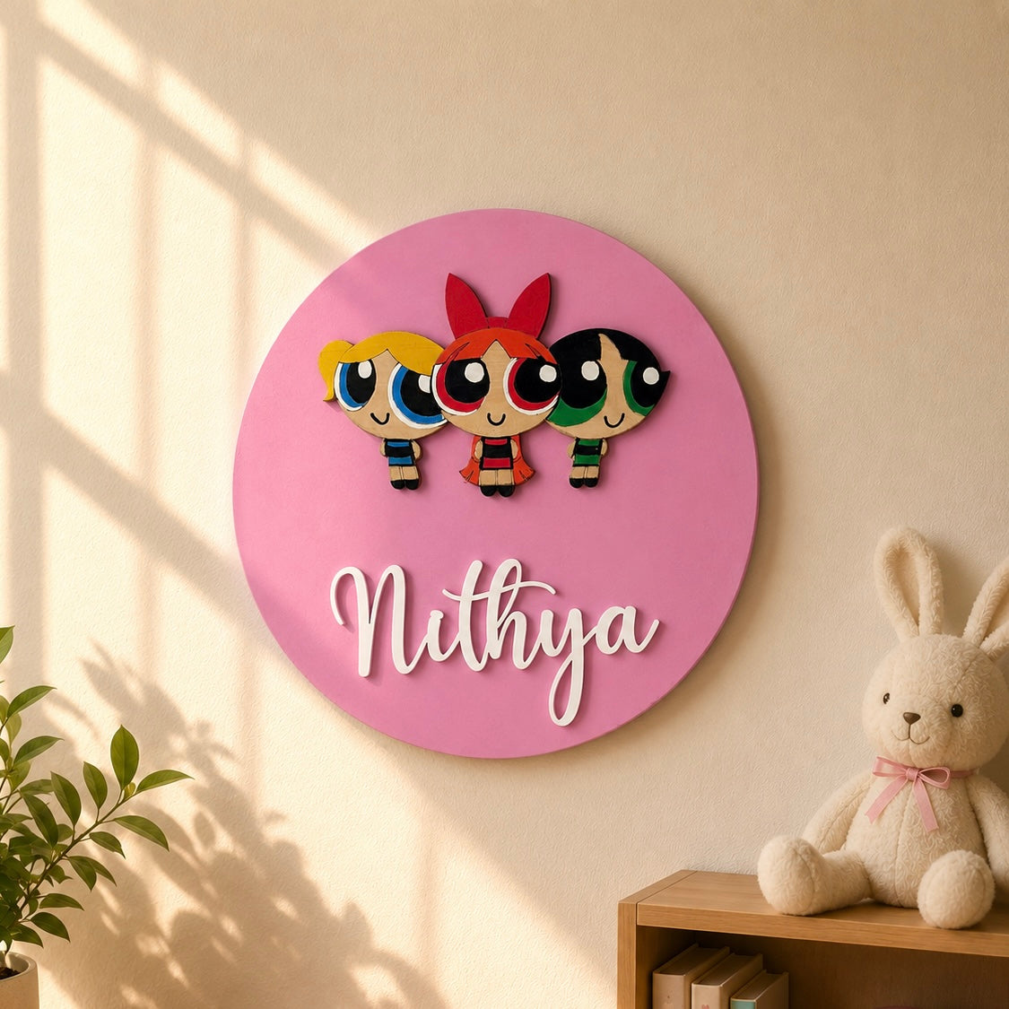The Powerpuff Girls Themed Hand-Painted Wooden Name Plate For Kids
