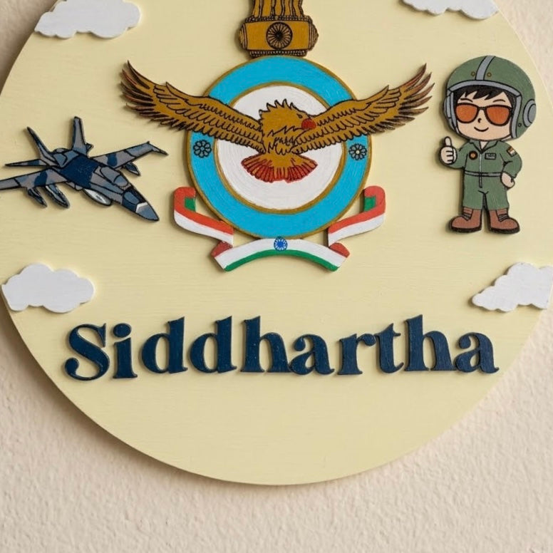 Indian Airforce Fighter Jet Pilot Themed Hand-Painted Wooden Round Kids Name Plate