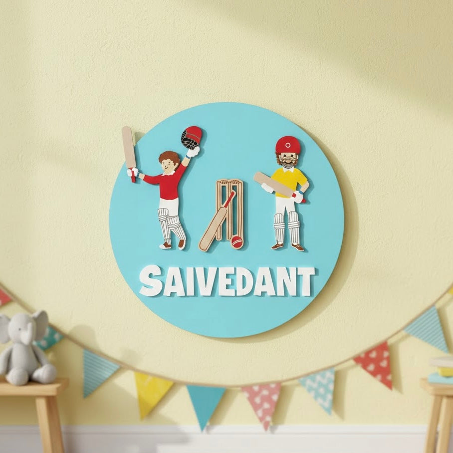 Cricket Themed Hand-Painted Wooden Round Kids Name Plate - Design 1