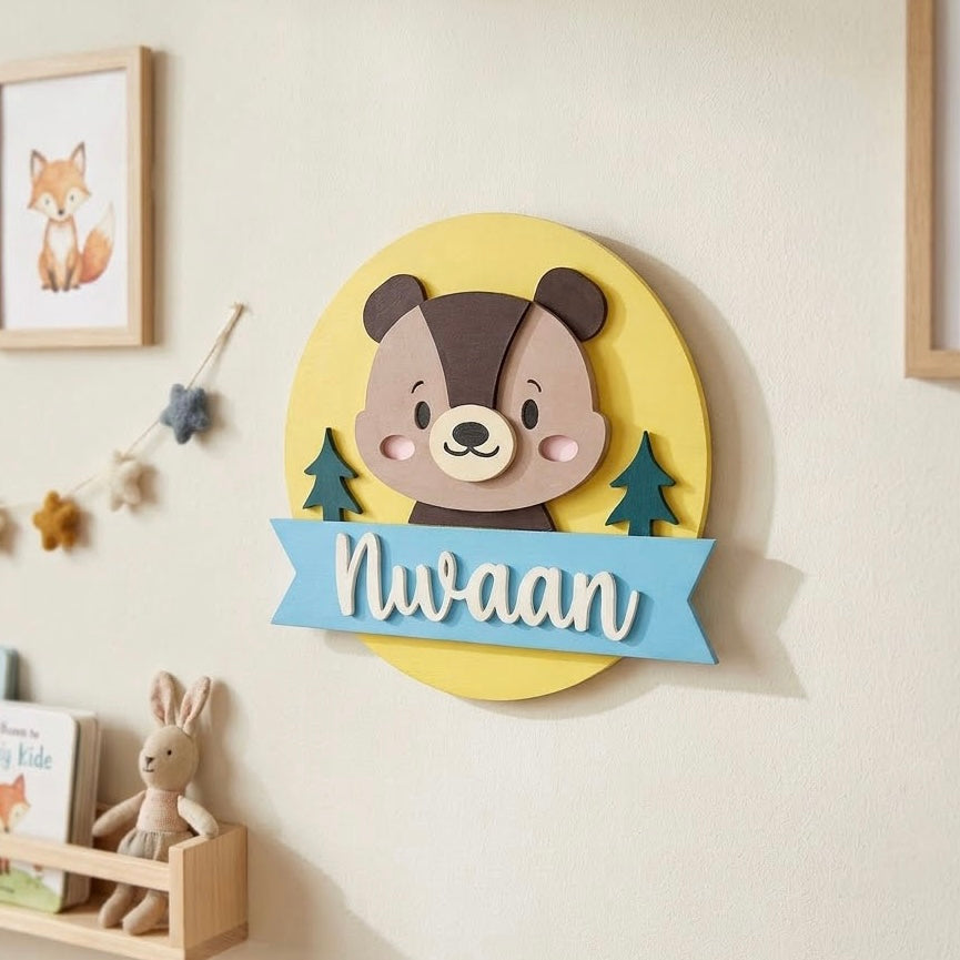 Bear Themed Hand-Painted Wooden Round Kids Name Plate - Design 2