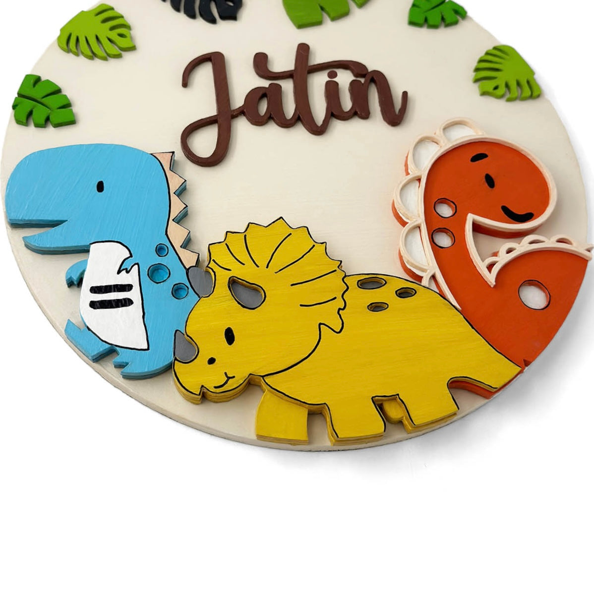 Dinosaur Themed Hand-Painted Wooden Round Kids Name Plate - Design 2