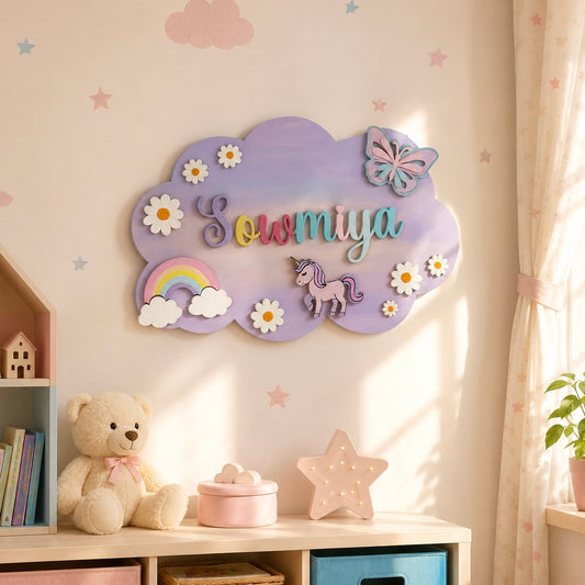Unicorn Themed Hand-Painted Wooden Scalloped Cloud Kids Name Plate - Design 2