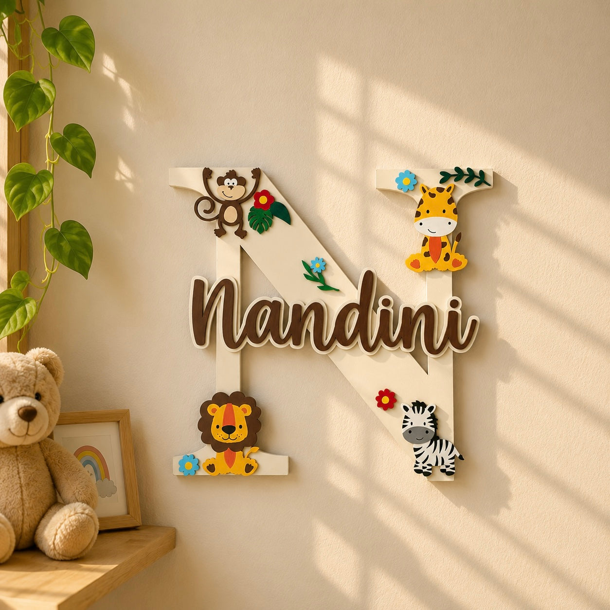 Animal Themed Layered Alphabet Initial Hand-Painted Wooden Kids Name Plate Design 2