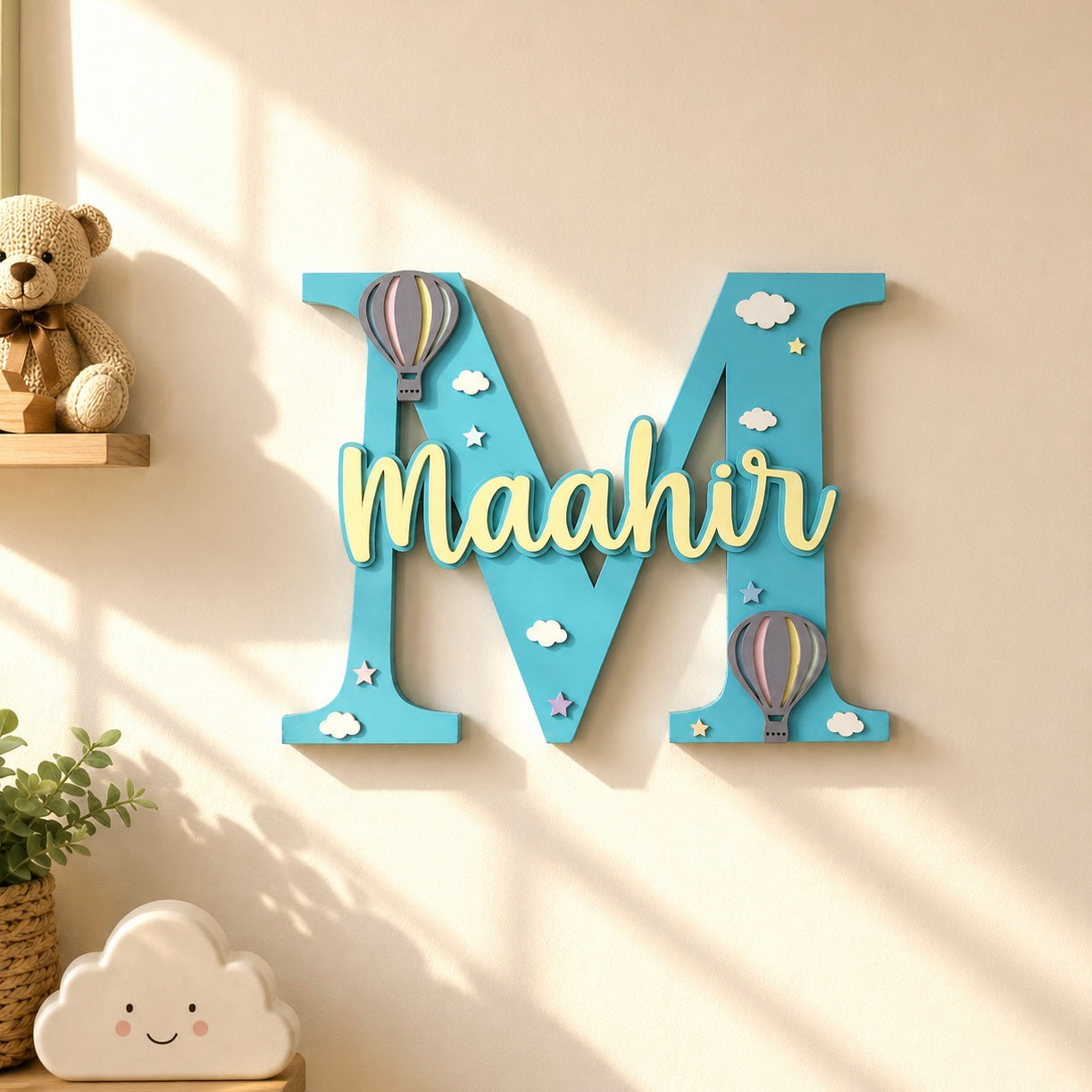 Hot Air Balloon Themed Layered Alphabet Initial Hand-Painted Wooden Kids Name Plate Design 1