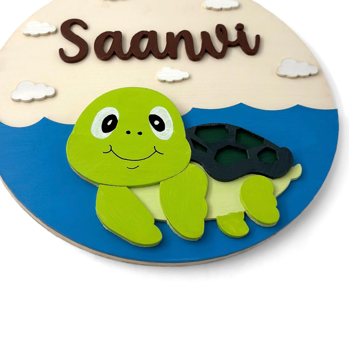 Tortoise Themed Hand-Painted Wooden Round Kids Name Plate - Design 1