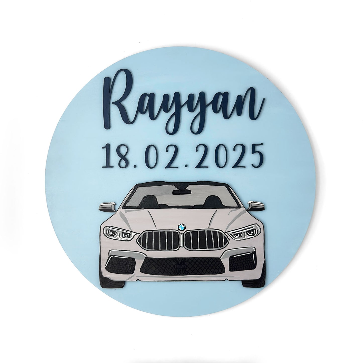 BMW M5 Car Themed Hand-Painted Wooden Round Kids Name Plate