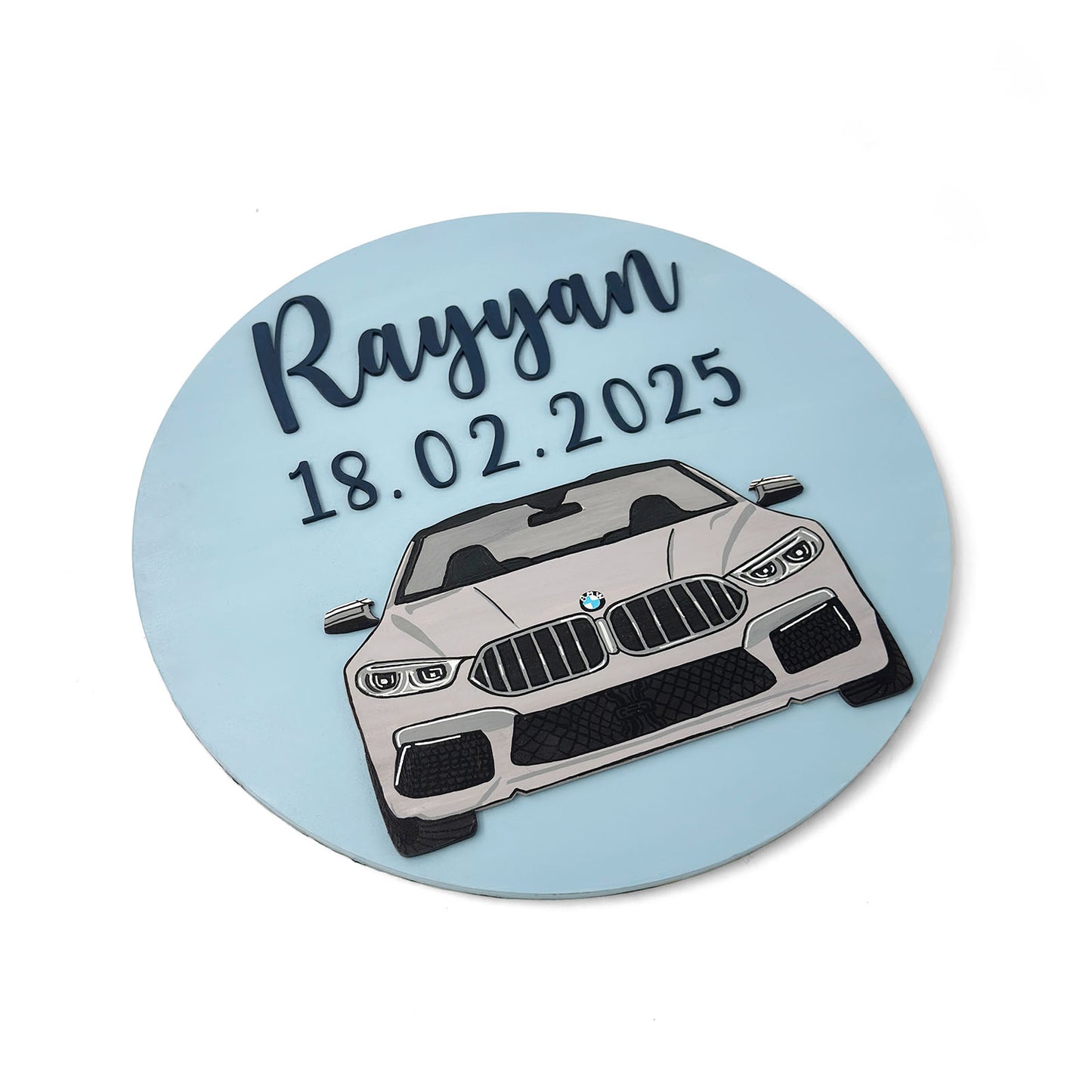 BMW M5 Car Themed Hand-Painted Wooden Round Kids Name Plate