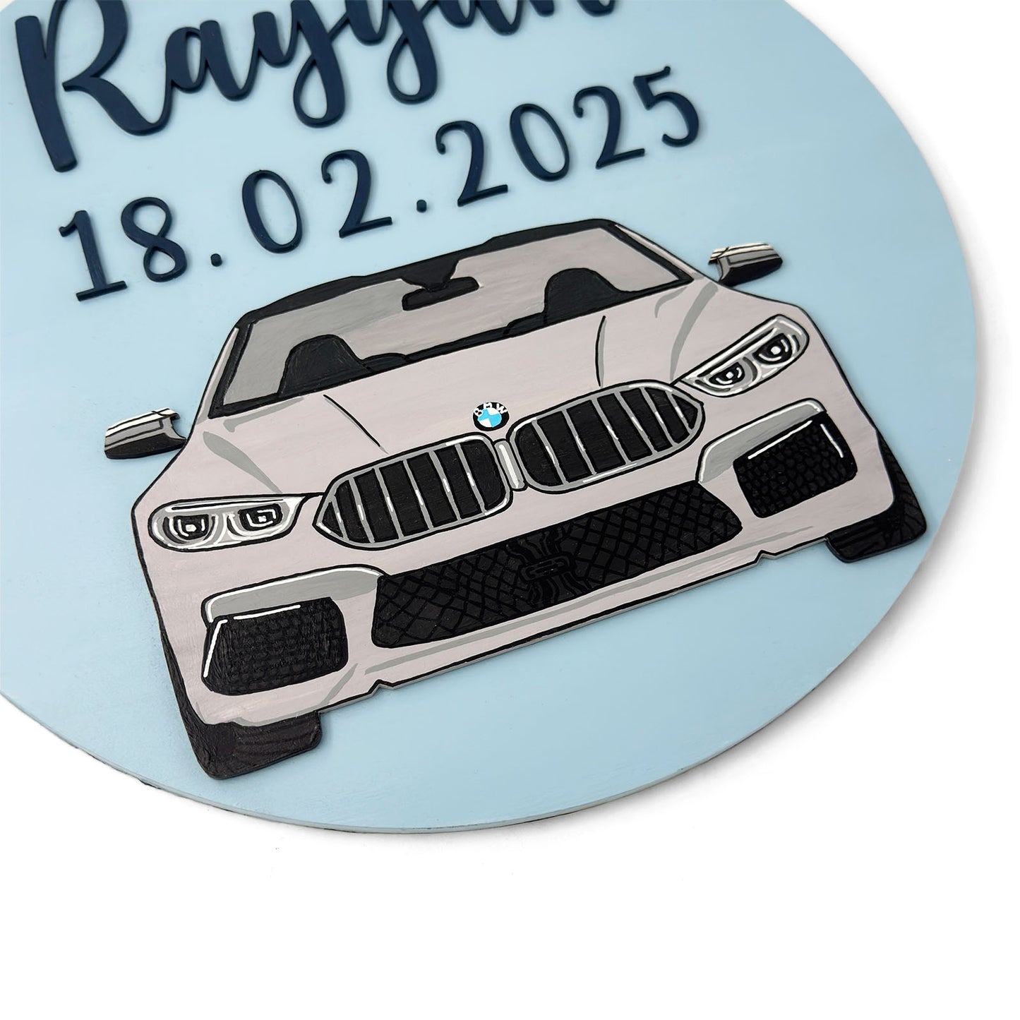 BMW M5 Car Themed Hand-Painted Wooden Round Kids Name Plate
