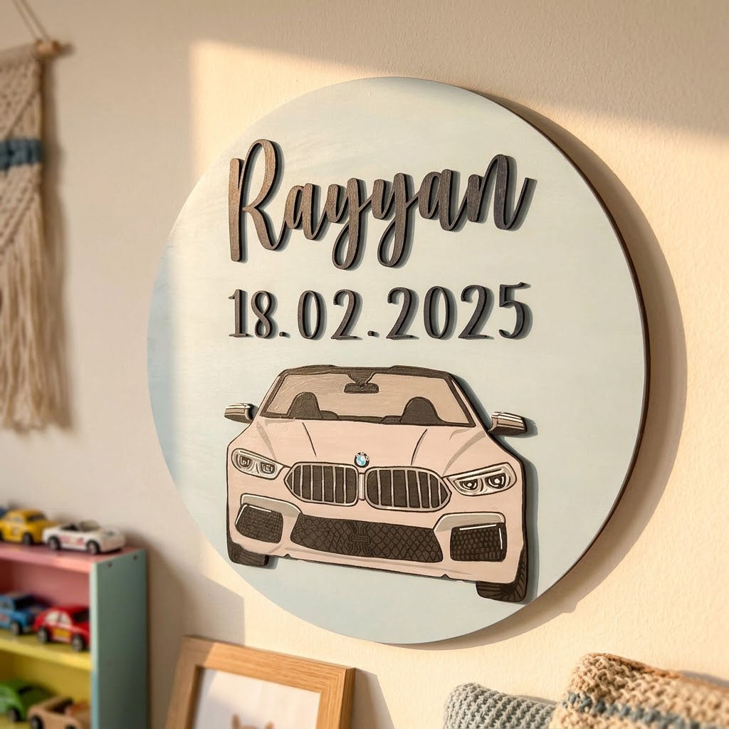 BMW M5 Car Themed Hand-Painted Wooden Round Kids Name Plate