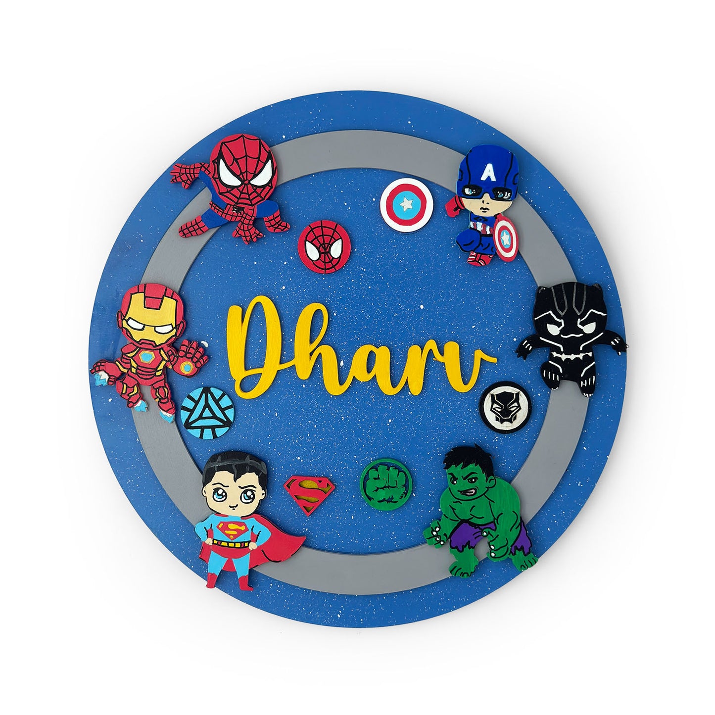 Superheroes Avengers Themed Hand-Painted Wooden Round Kids Name Plate - Design 1