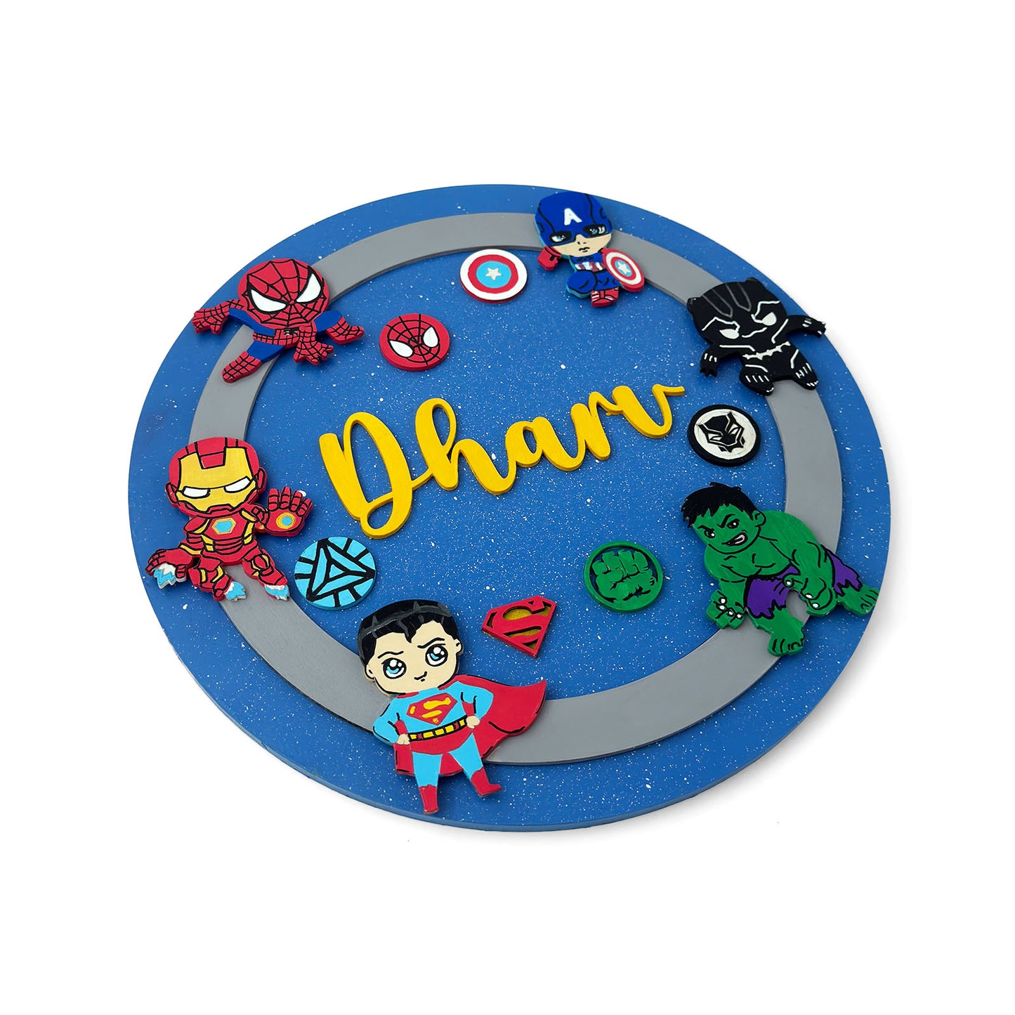 Superheroes Avengers Themed Hand-Painted Wooden Round Kids Name Plate - Design 1