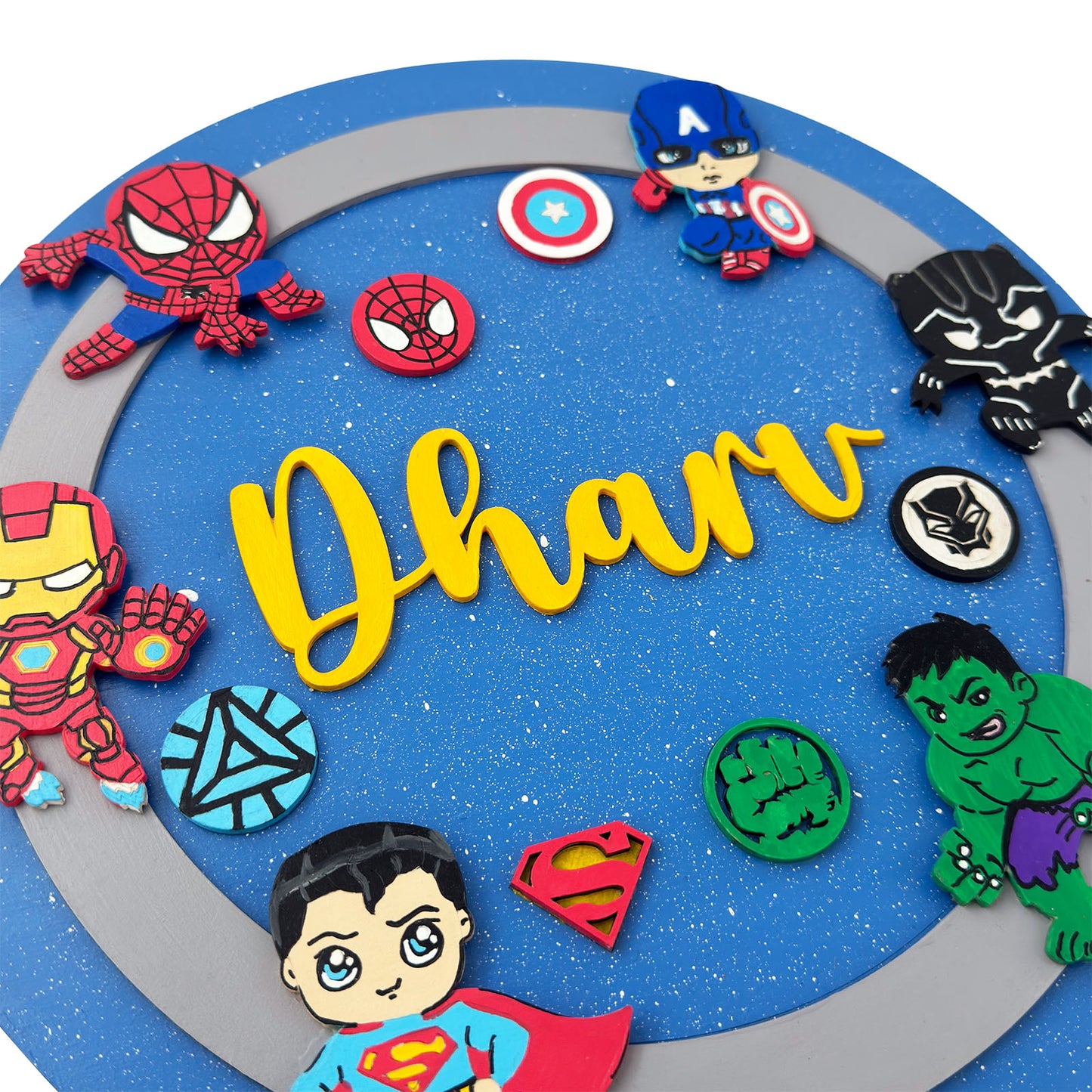 Superheroes Avengers Themed Hand-Painted Wooden Round Kids Name Plate - Design 1