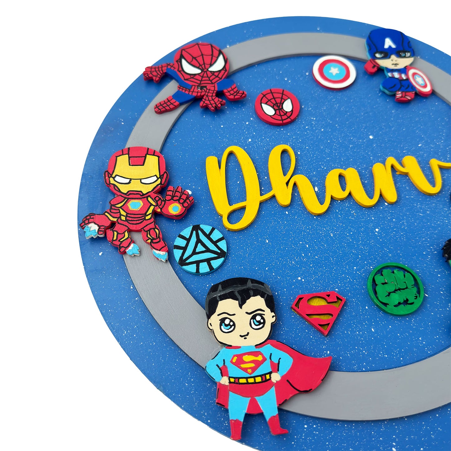 Superheroes Avengers Themed Hand-Painted Wooden Round Kids Name Plate - Design 1