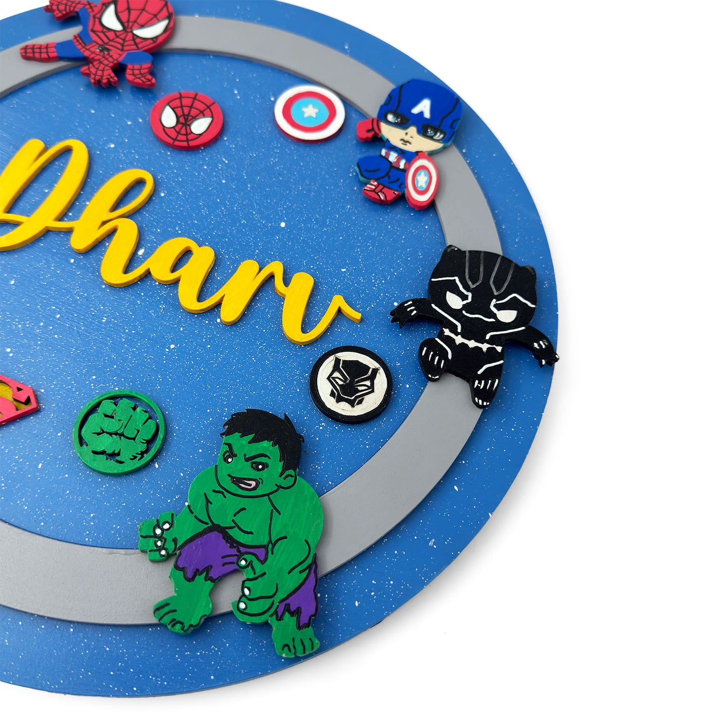 Superheroes Avengers Themed Hand-Painted Wooden Round Kids Name Plate - Design 1