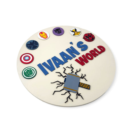 Superheroes Avengers Themed Hand-Painted Wooden Round Kids Name Plate - Design 2