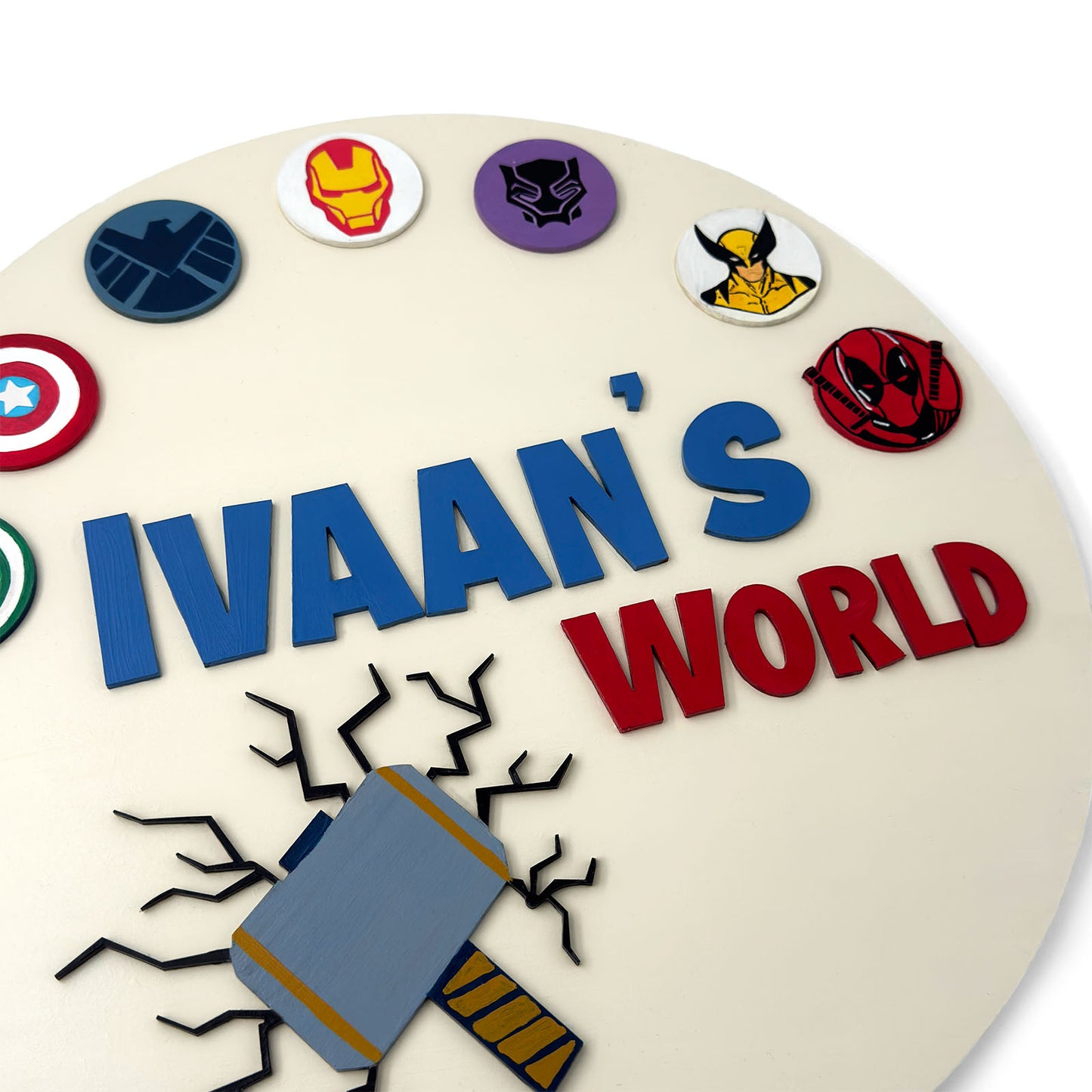 Superheroes Avengers Themed Hand-Painted Wooden Round Kids Name Plate - Design 2