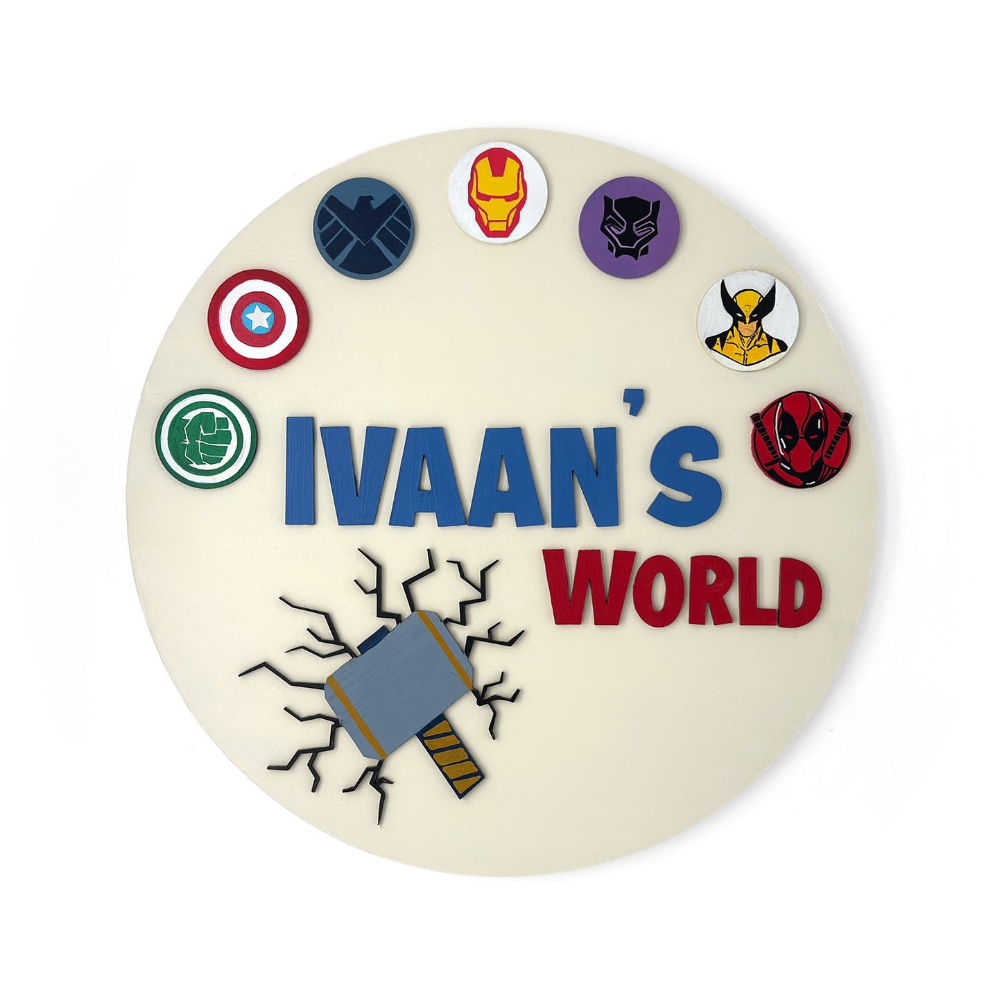 Superheroes Avengers Themed Hand-Painted Wooden Round Kids Name Plate - Design 2