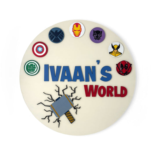 Superheroes Avengers Themed Hand-Painted Wooden Round Kids Name Plate - Design 2
