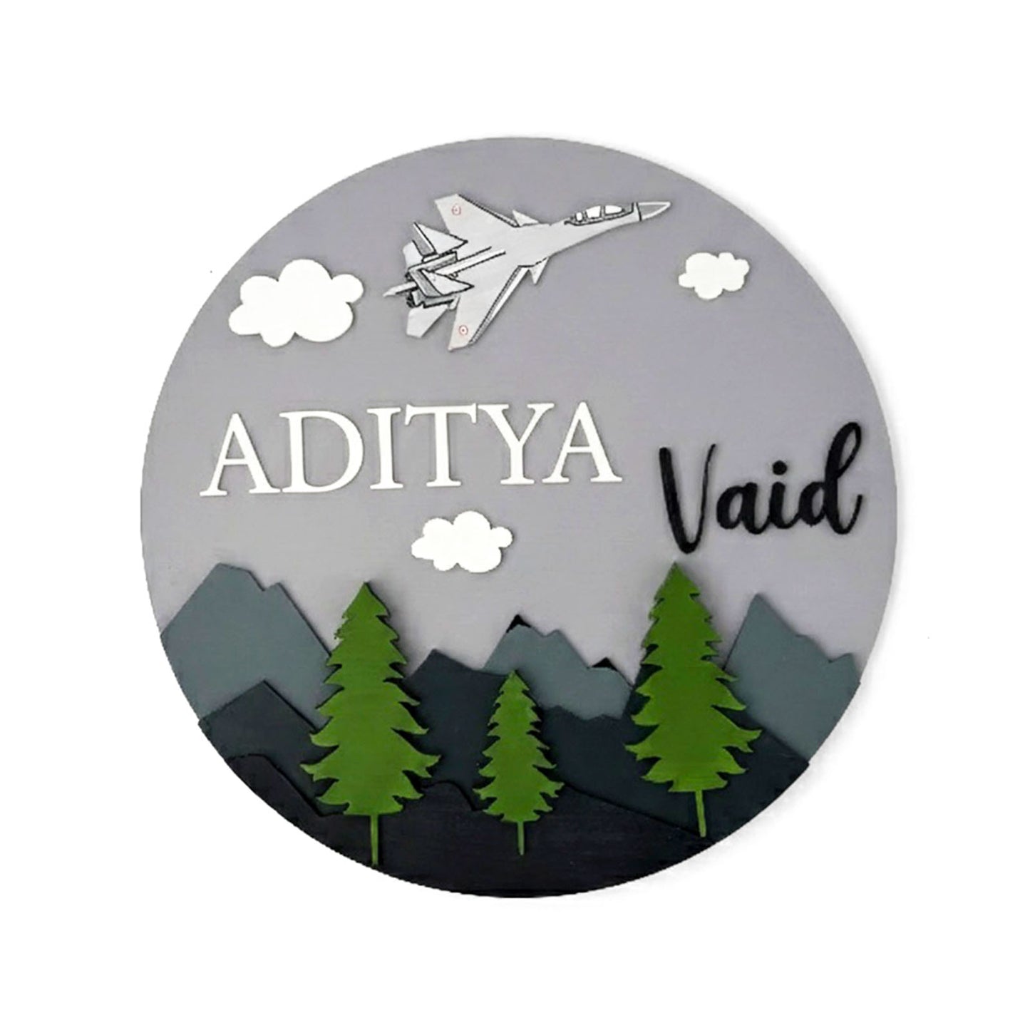 Fighter Jet Themed Hand-Painted Wooden Round Kids Name Plate