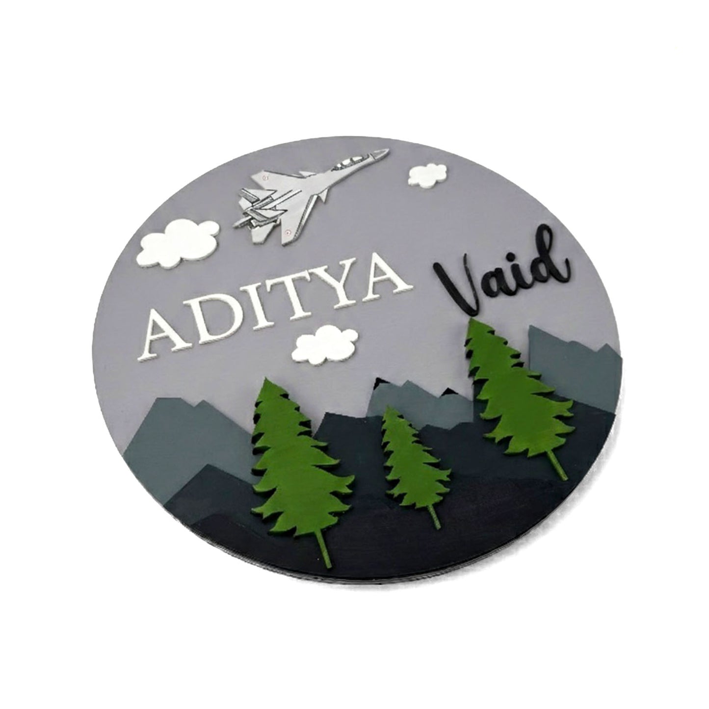 Fighter Jet Themed Hand-Painted Wooden Round Kids Name Plate