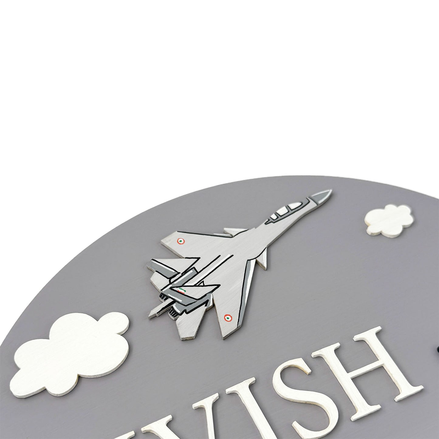 Fighter Jet Themed Hand-Painted Wooden Round Kids Name Plate
