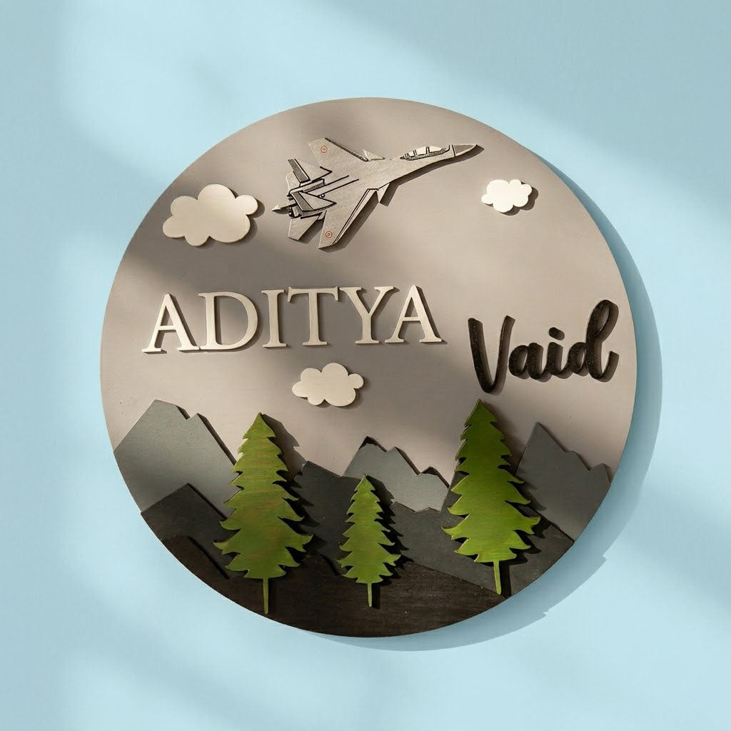 Fighter Jet Themed Hand-Painted Wooden Round Kids Name Plate