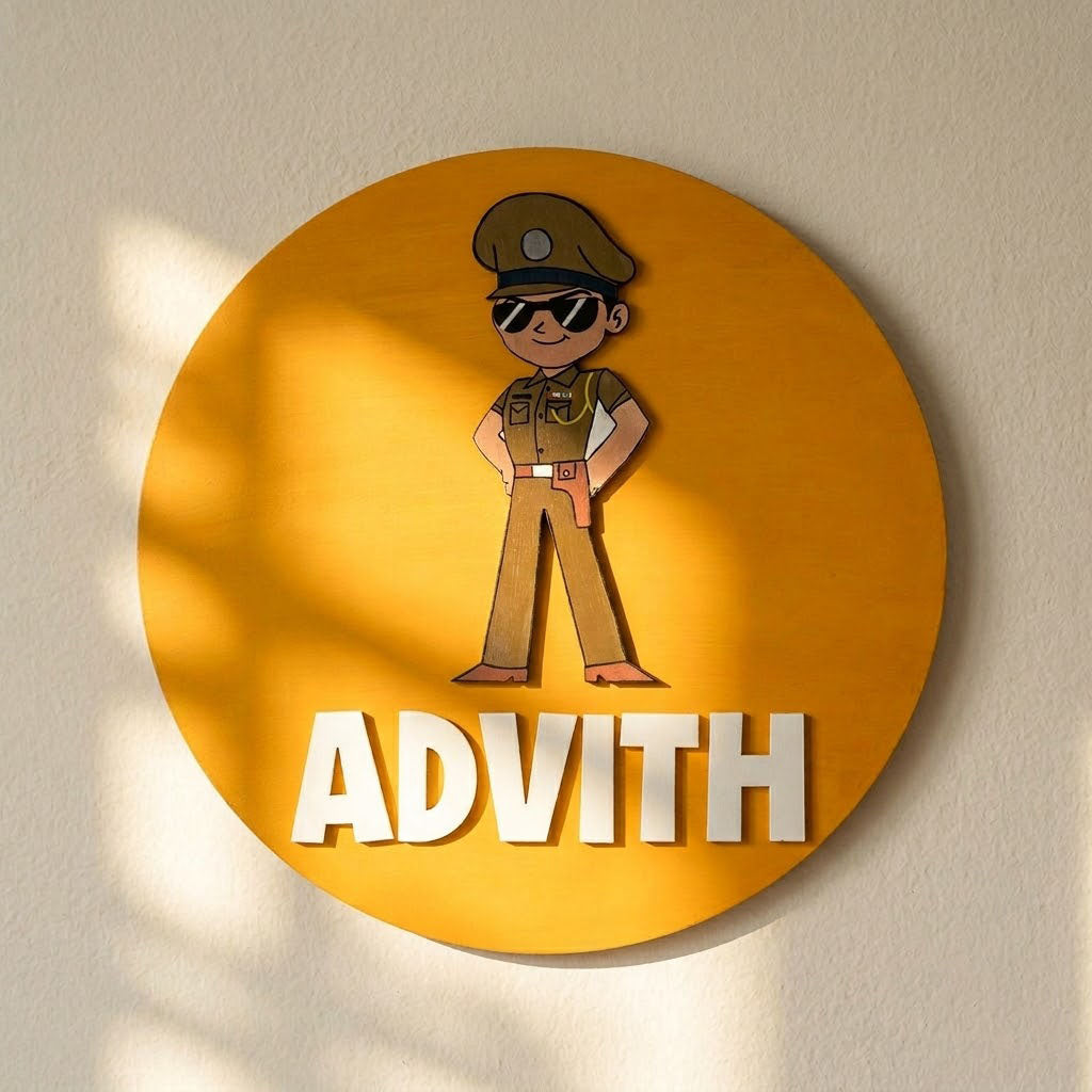 Little Singham Themed Hand-Painted Wooden Name Plate For Kids