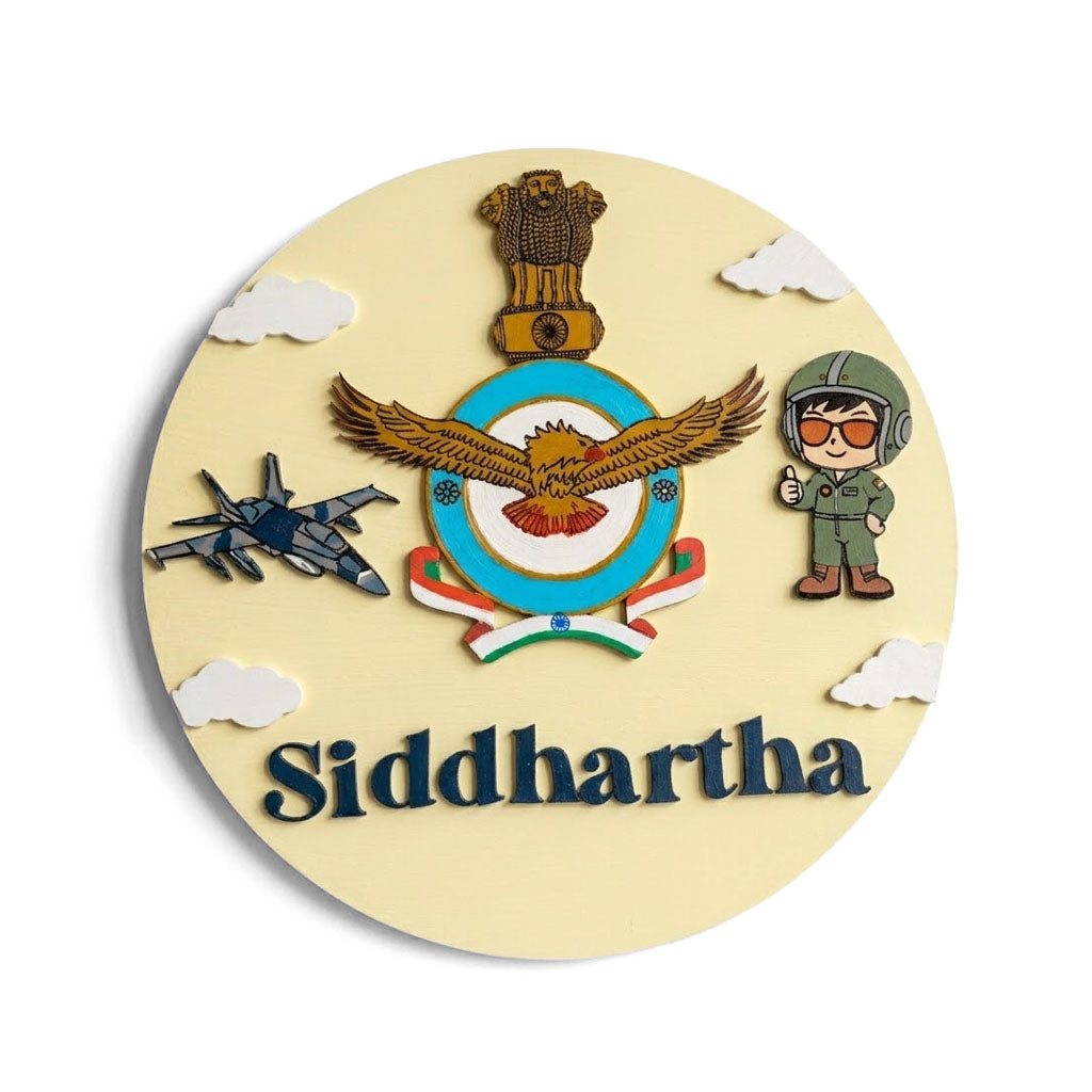 Indian Airforce Fighter Jet Pilot Themed Hand-Painted Wooden Round Kids Name Plate