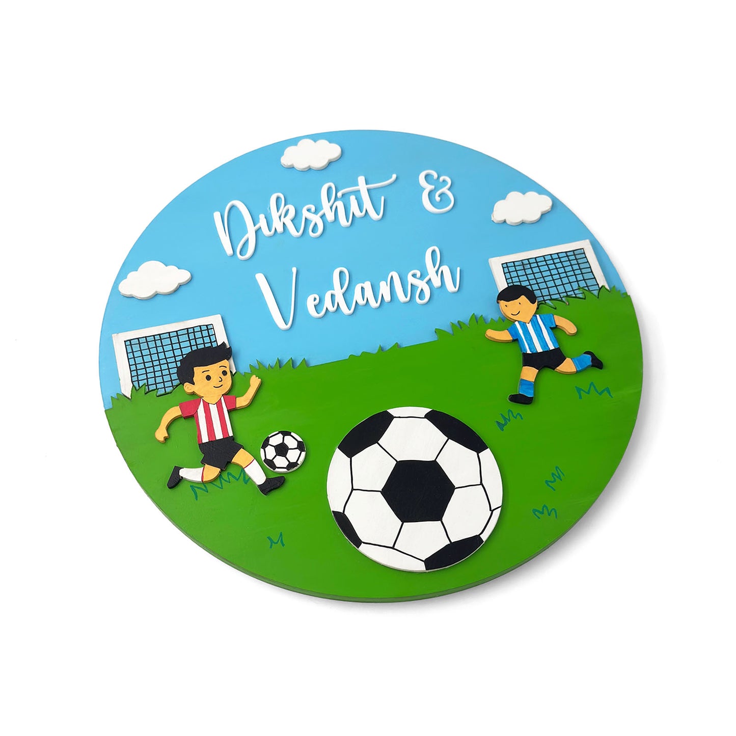 Football Themed Hand-Painted Wooden Round Kids Name Plate - Design 1