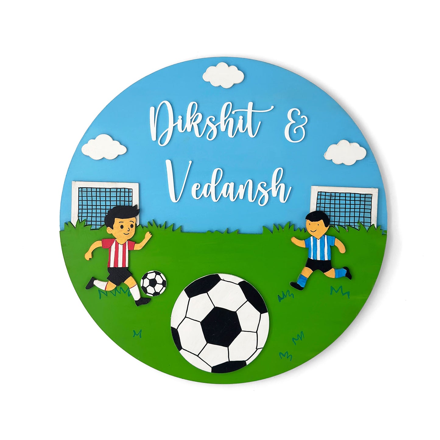 Football Themed Hand-Painted Wooden Round Kids Name Plate - Design 1