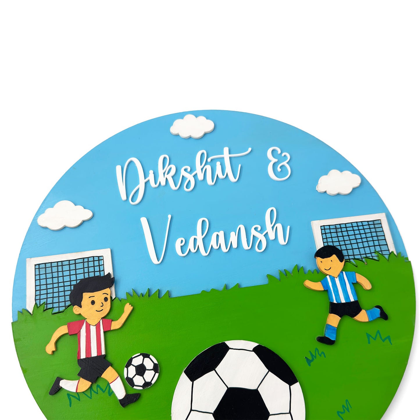 Football Themed Hand-Painted Wooden Round Kids Name Plate - Design 1