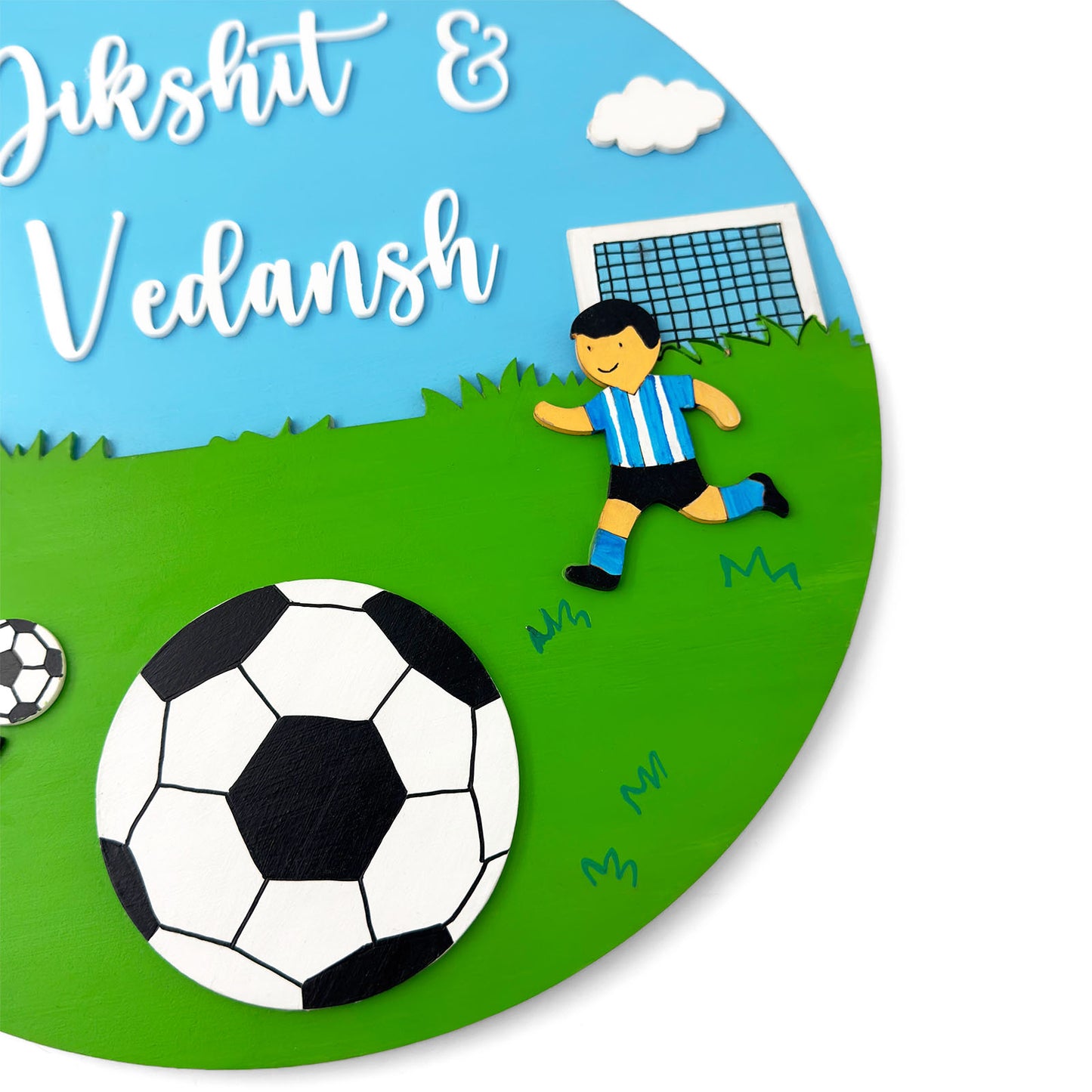 Football Themed Hand-Painted Wooden Round Kids Name Plate - Design 1