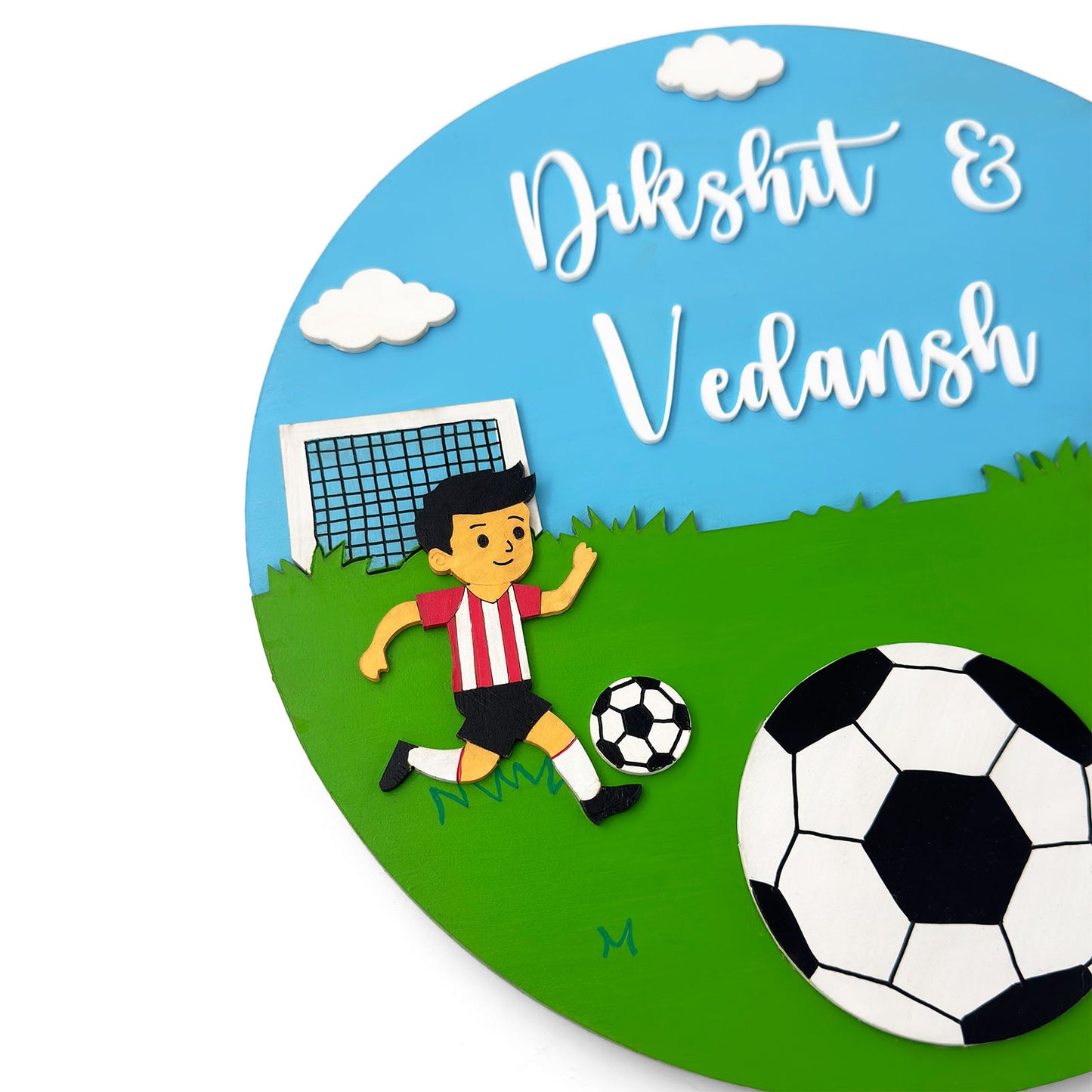 Football Themed Hand-Painted Wooden Round Kids Name Plate - Design 1