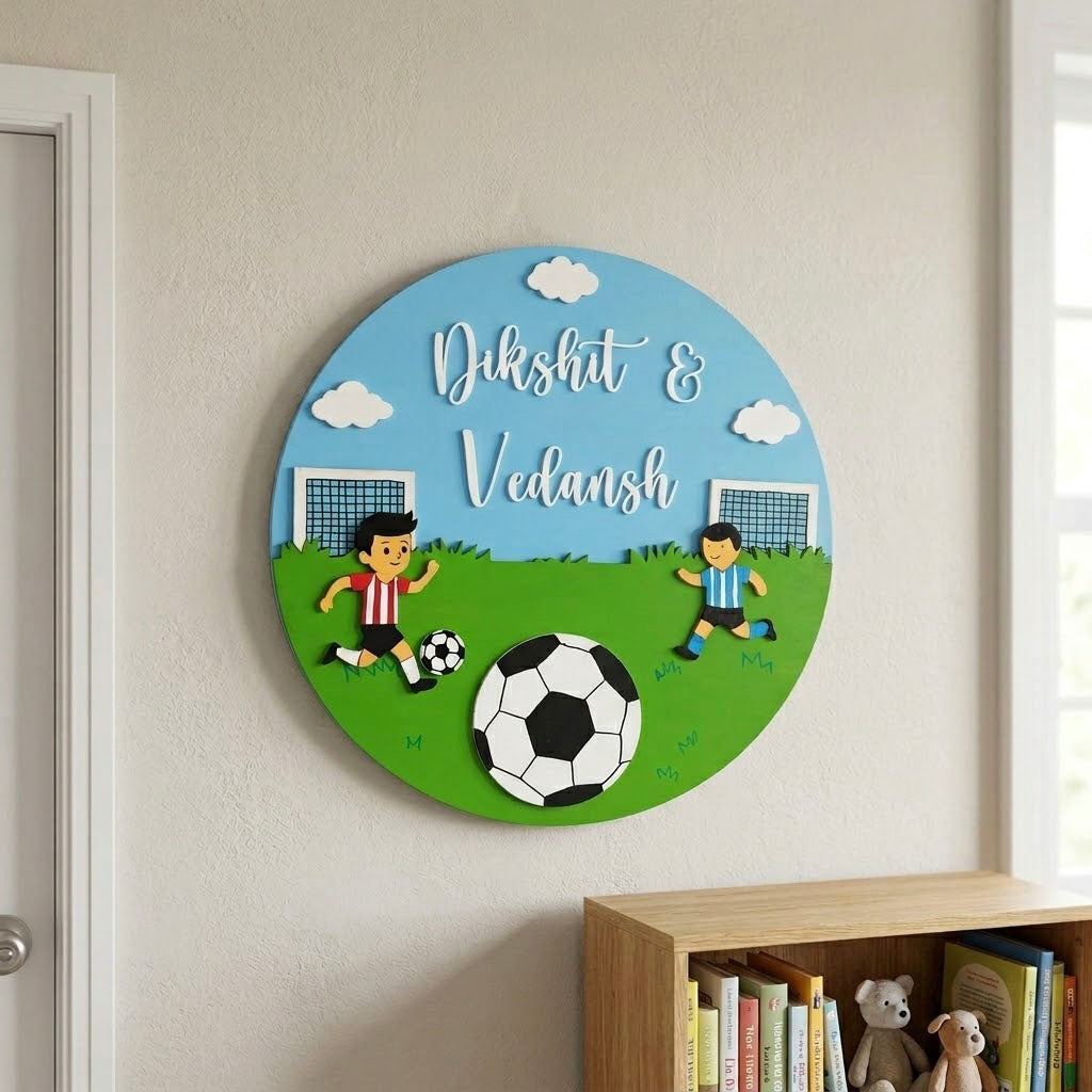 Football Themed Hand-Painted Wooden Round Kids Name Plate - Design 1