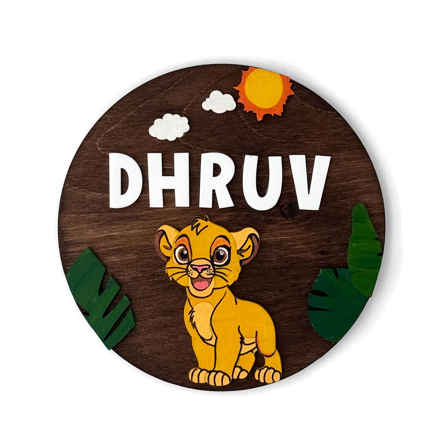 Lion King Simba Themed Hand-Painted Wooden Round Kids Name Plate - Design 1