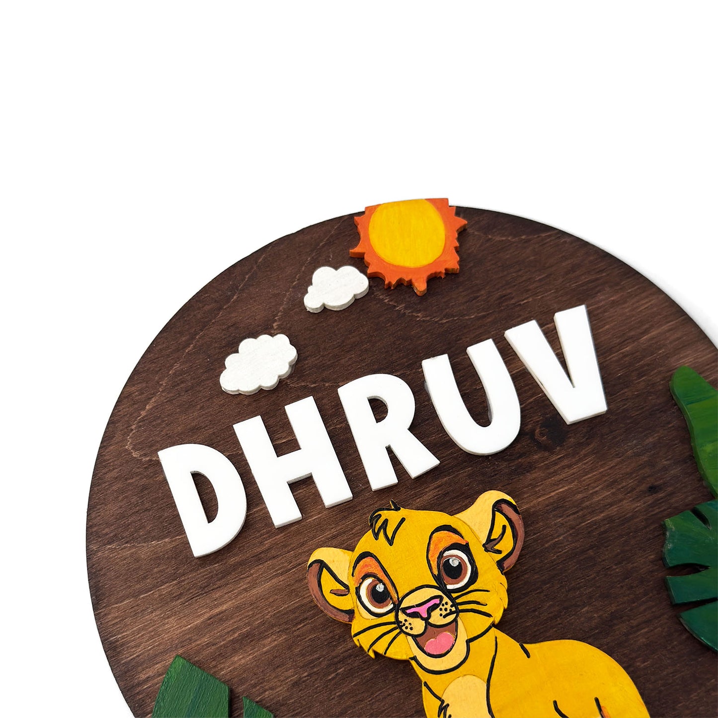 Lion King Simba Themed Hand-Painted Wooden Round Kids Name Plate - Design 1