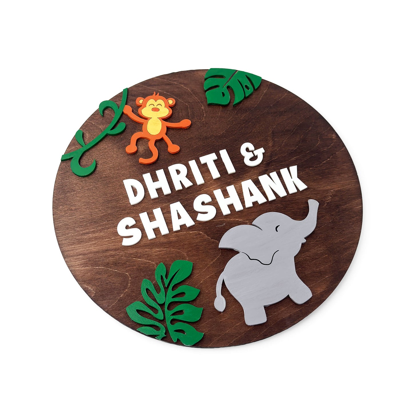 Elephant & Monkey Themed Hand-Painted Wooden Round Kids Name Plate - Design 1
