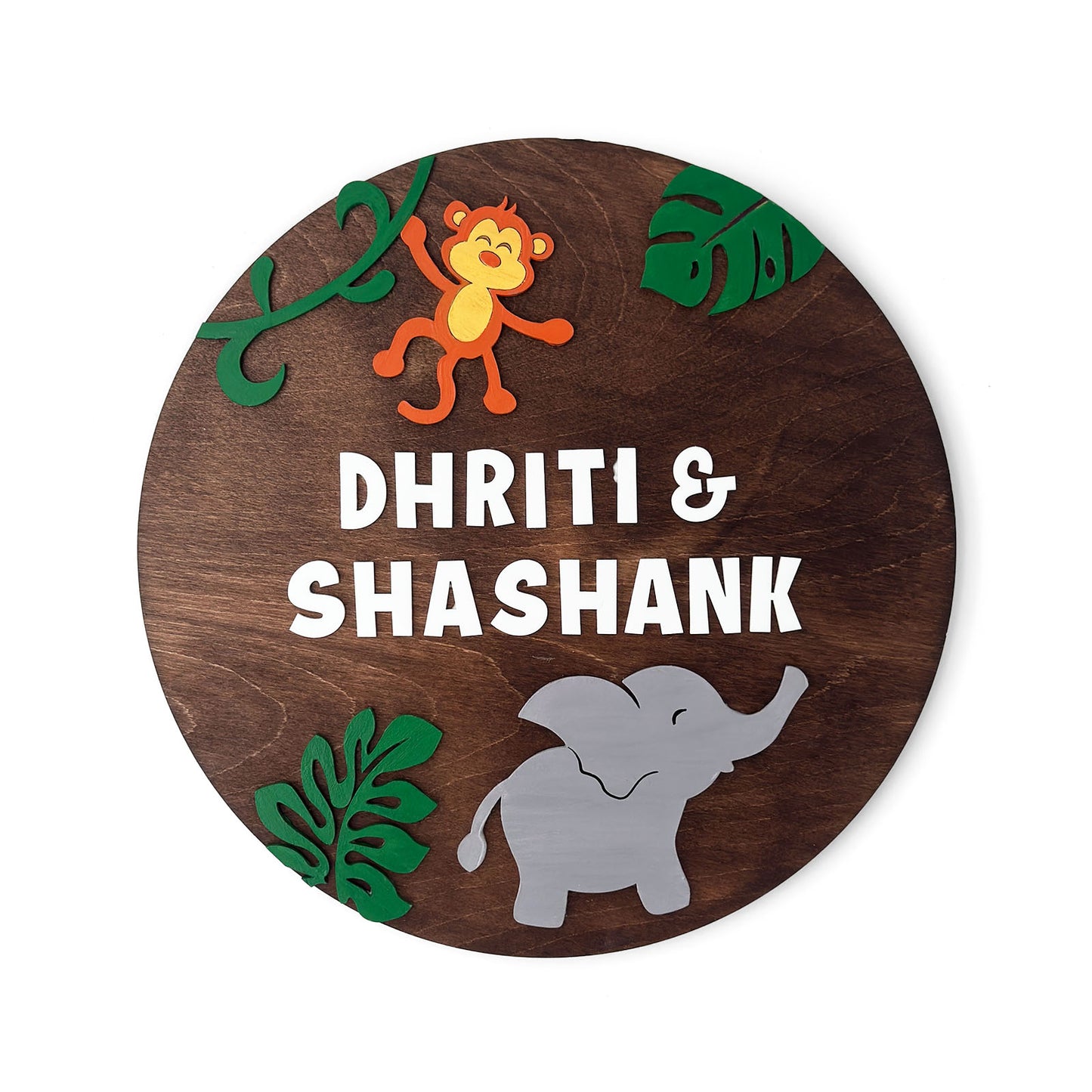 Elephant & Monkey Themed Hand-Painted Wooden Round Kids Name Plate - Design 1