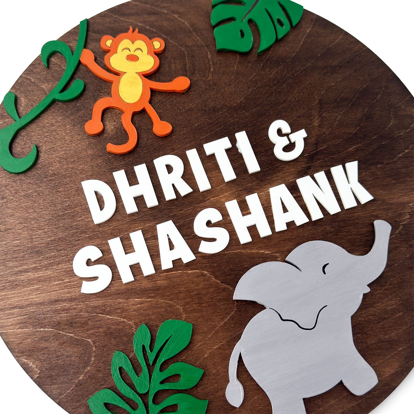 Elephant & Monkey Themed Hand-Painted Wooden Round Kids Name Plate - Design 1