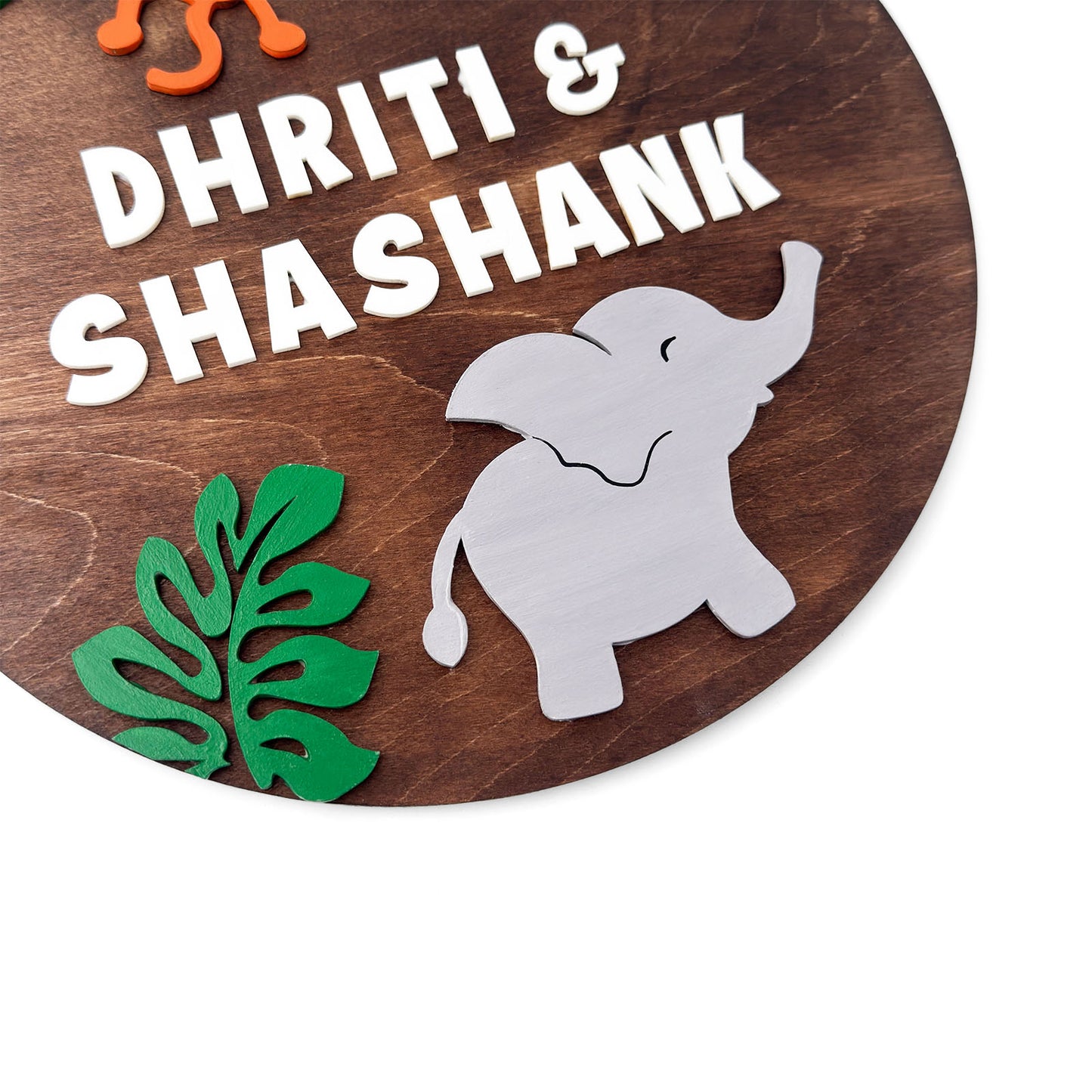 Elephant & Monkey Themed Hand-Painted Wooden Round Kids Name Plate - Design 1