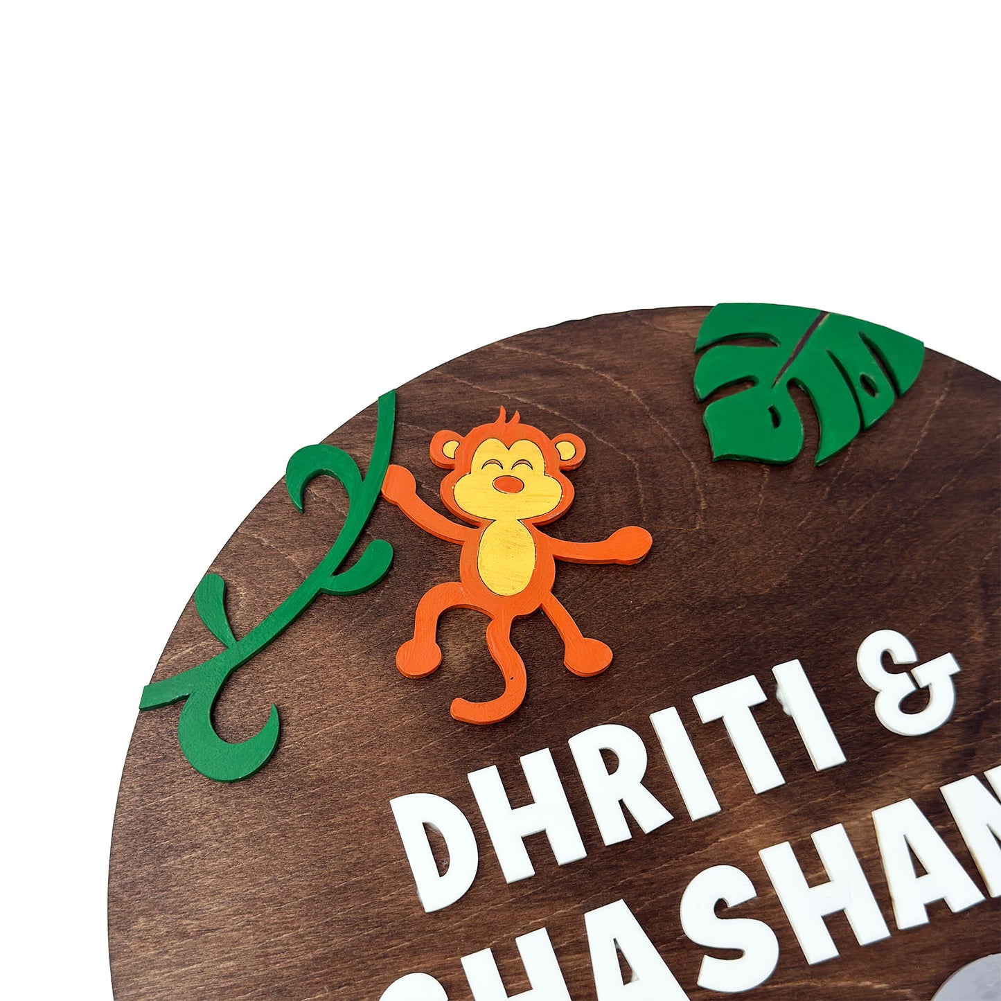 Elephant & Monkey Themed Hand-Painted Wooden Round Kids Name Plate - Design 1