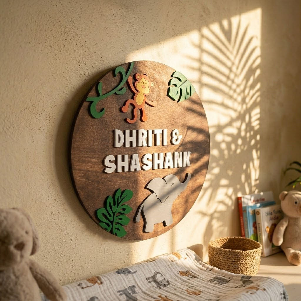 Elephant & Monkey Themed Hand-Painted Wooden Round Kids Name Plate - Design 1