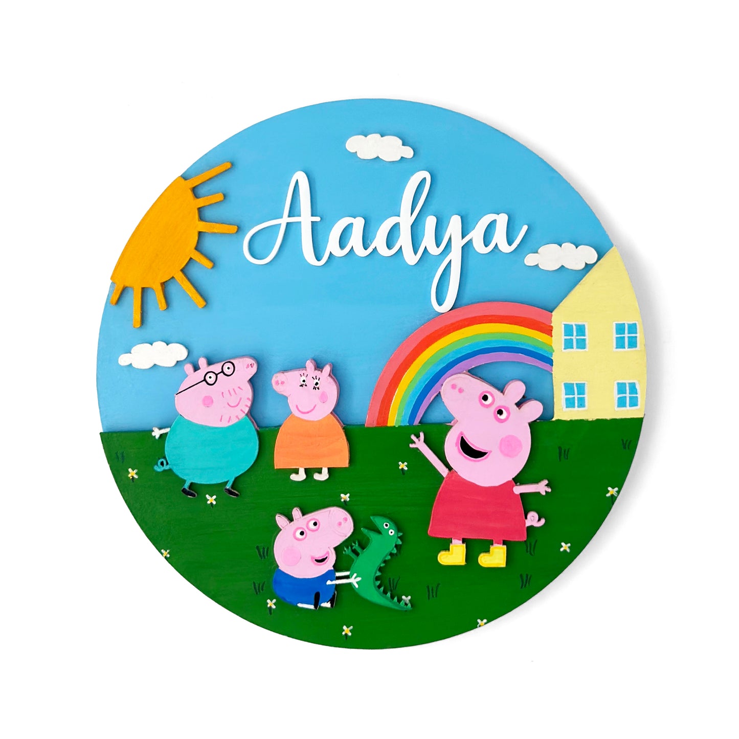 Peppa Pig Themed Hand-Painted Wooden Round Kids Name Plate - Design 1
