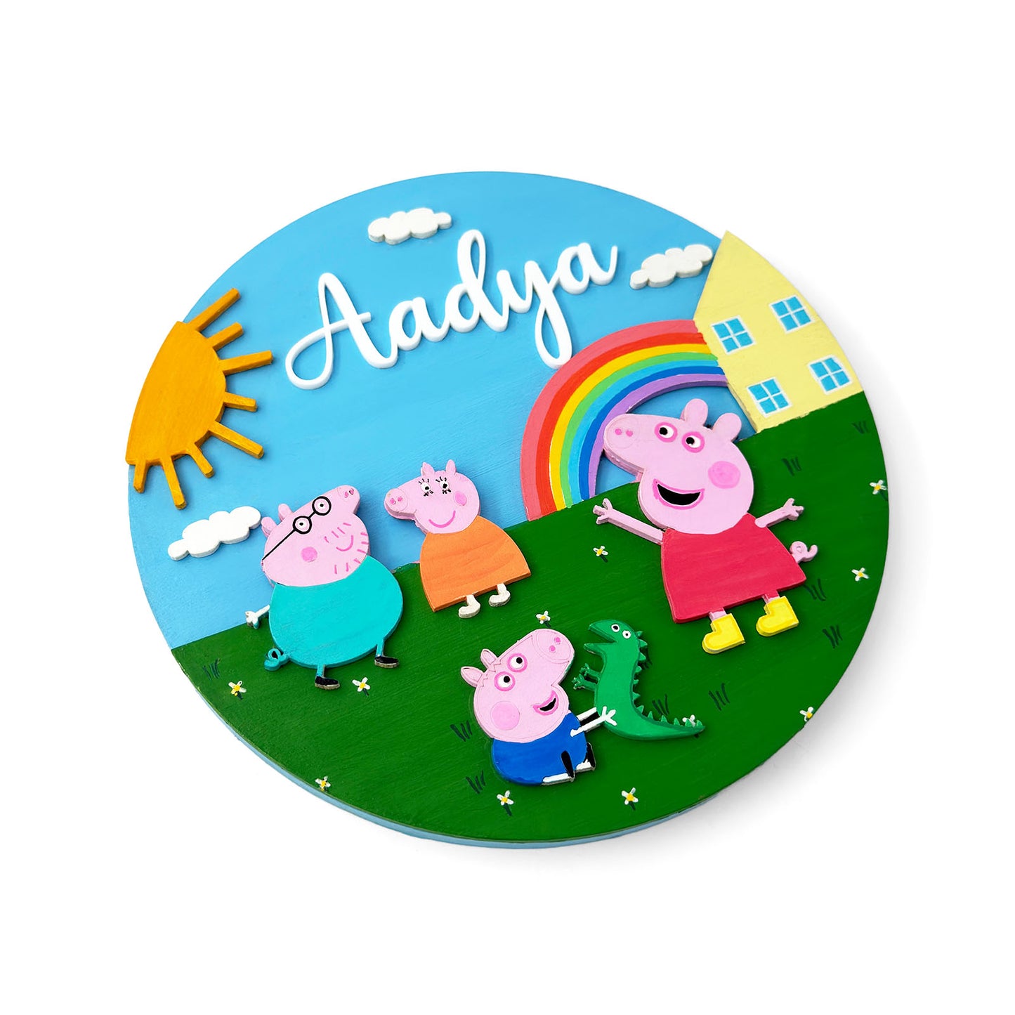 Peppa Pig Themed Hand-Painted Wooden Round Kids Name Plate - Design 1