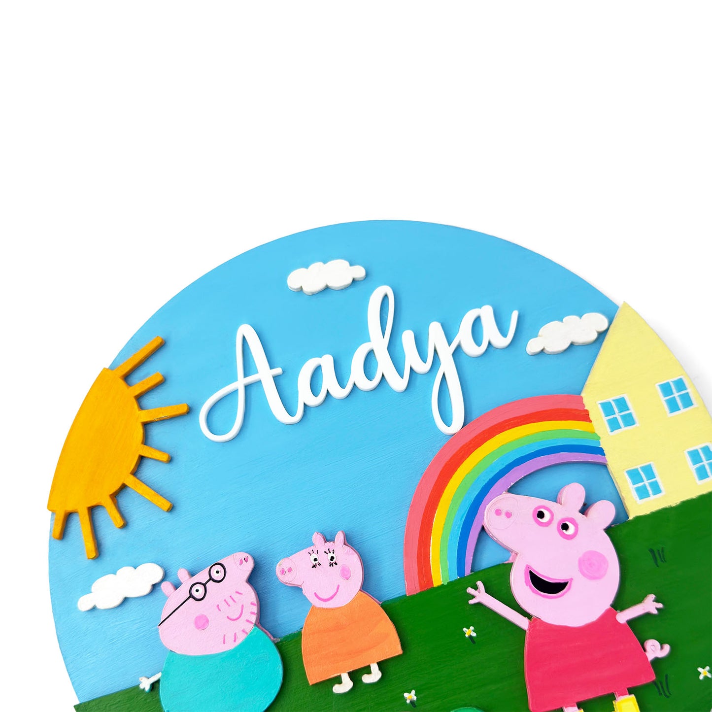 Peppa Pig Themed Hand-Painted Wooden Round Kids Name Plate - Design 1